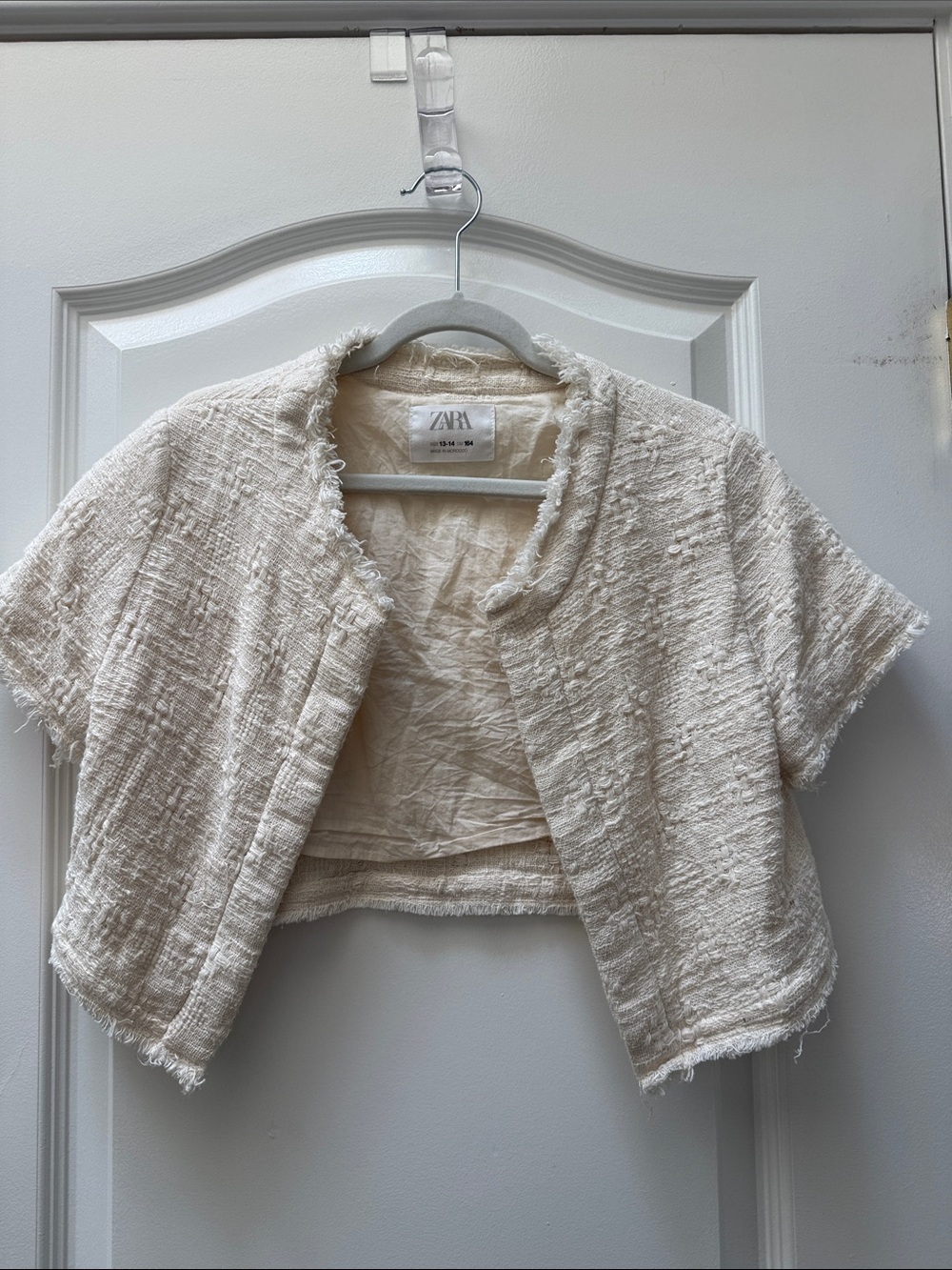 Zara Girl Cream Textured Short-Sleeve Cropped Jacket size 13-14